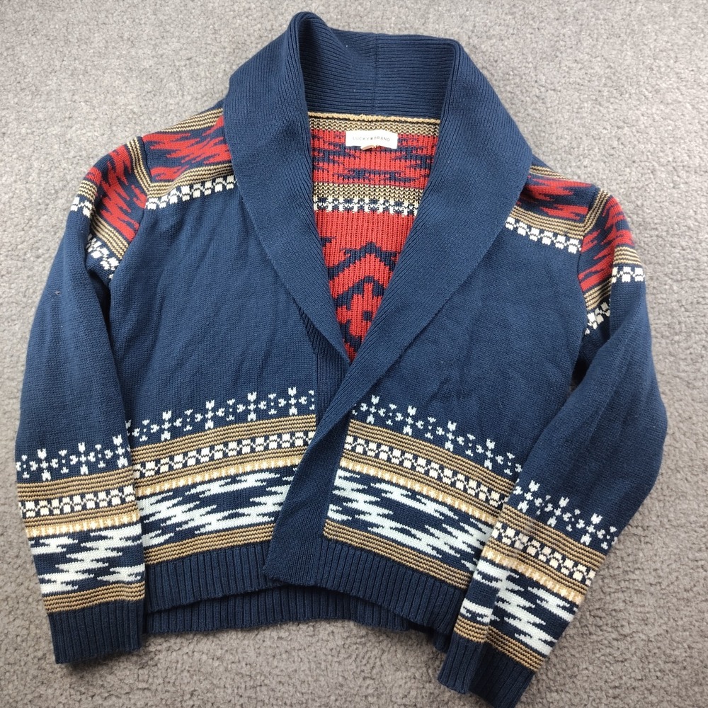 Lucky Brand Cotton Cardigan Sz Medium Southwestern Aztec Navy Multi Cropped EUC